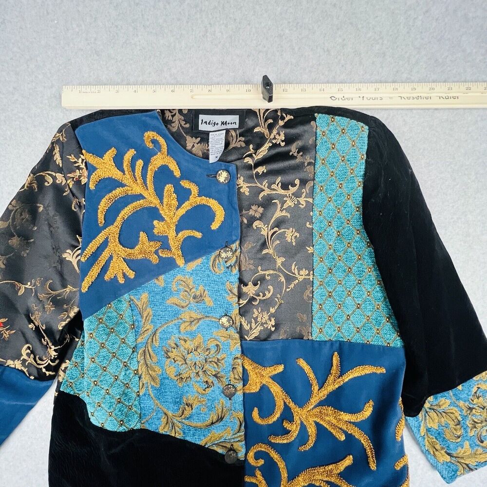 Indigo Moon Velvet Blazer Womens Medium Teal Black Embroidered Jacket - Picture 7 of 13